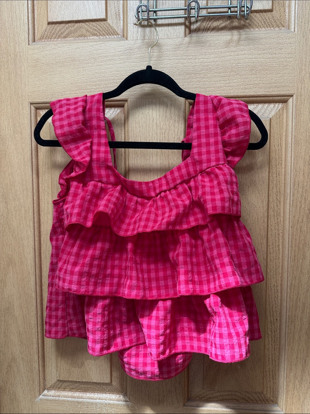 Pink Gingham Ruffle Top